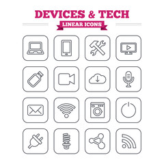 Devices and technologies linear icons set. Thin outline signs