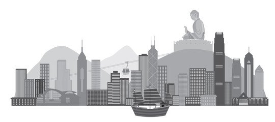 Fototapeta premium Panoramę Hongkongu z kultową śmieciową łodzią i ilustracją wektorową posągu Buddy