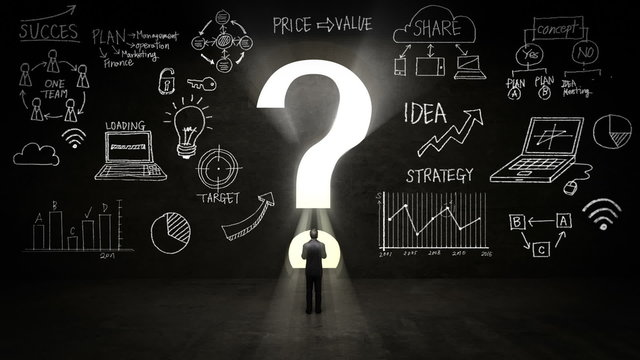 businessman Standing in front of a question mark, Business plan and various graph in black wall concept.