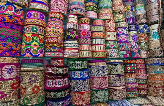 Pile of cloth fabrics at a local market in Bangladesh.