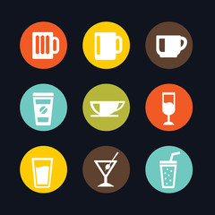 Collection of Colorful Beverages Glass an Cups Flat Icon