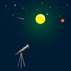 telescope on night sky background with moon, comets, and stars v