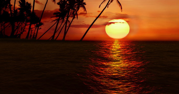 High quality perfectly seamless loop of sea ocean waves movement on sunset with palm island in background, high definition 1080 and 4k