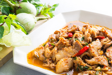 Thai cuisine spicy pork salad, Moo Nam Tok.