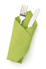 napkin, fork and knife isolated on white