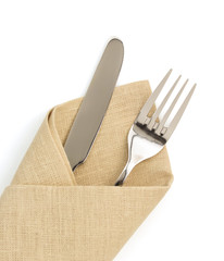 napkin, fork and knife isolated on white