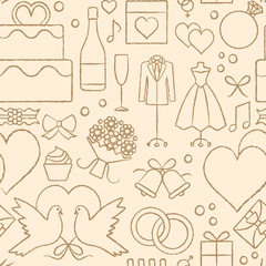 Beige and gold wedding related vector seamless pattern background with hand drawn elements