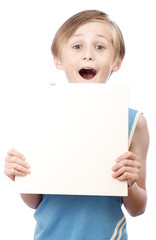 Boy on a white background with blank boad