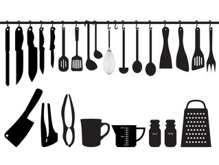 A collection of kitchen utensils, hanging on bar and under the bar. Silhouette Illustration - 86986083