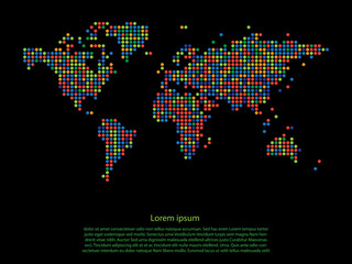 Dotted multicolor world map on black background vector
