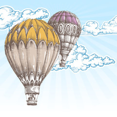 Balonów na ogrzane powietrze w tle retro błękitne niebo - 86986617