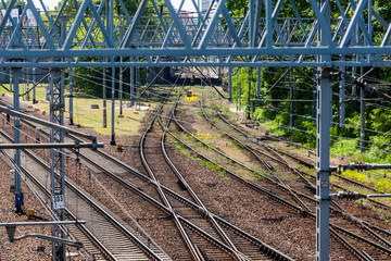 Railroad tracks junction in center of city