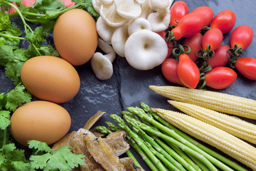 Fresh vegetables on stone table. Background. Healthy lifestyle