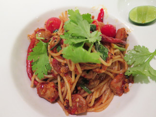 closed up the spicy spaghetti with sausage