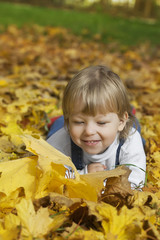 happy boy in leaves of autumn lies