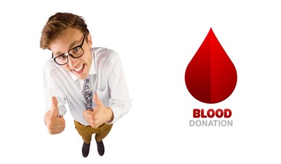 Composite image of young geeky businessman showing thumbs up