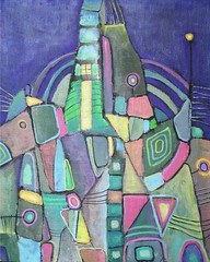 Acrylic colorful abstract painting Night city with different geometrical shapes. Abstract background composition inspired geometric design. Picture for the interior, as part of wall decorations.