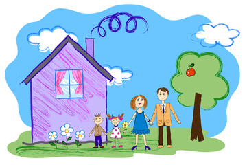 Obraz na płótnie Canvas Vector kids sketch of happy family with house