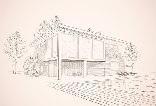 Vector Sepia Sketch Of House With Swimming Pool