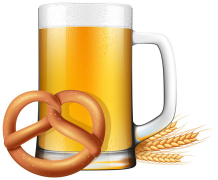 Oktoberfest style beer and pretzel illustration with ripe barley on the side.