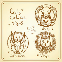 Sketch cats zodiac signs in vintage style