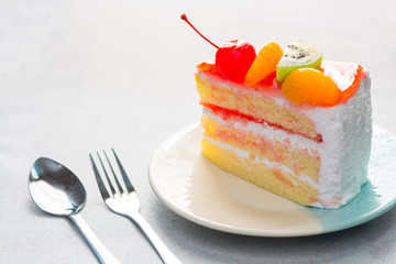 Fruit cake delicious, vanilla cake topping with fruit decorated