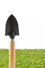 green grass turf on white with spade