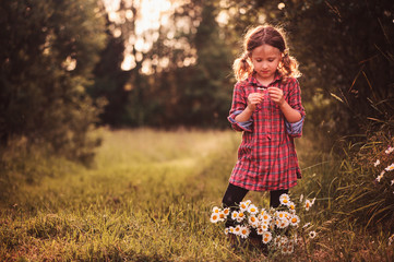 dreamy child girl in plaid dress telling fortune on camomile flowers 