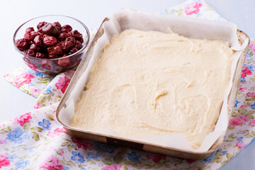 Raw dough and cherry for cake