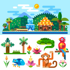 Tropical landscape, bungalows in the mountains and palm trees near the ocean