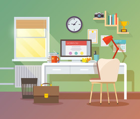 Workplace in sunny room. Stylish and modern interior.Quality design illustration, elements and concept. Flat style.