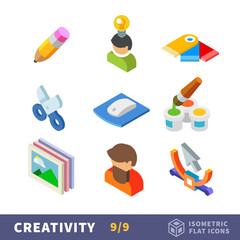 Isometry creative flat icon set. Set the creator for employment by art. Сreative tools and materials for hobby, creative people in favorite profession