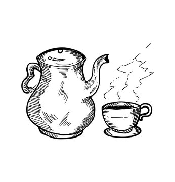 hand drawn tea pot and tea cup