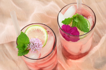 Glass of freshly prepared, cold and refreshing pomegranate drink.