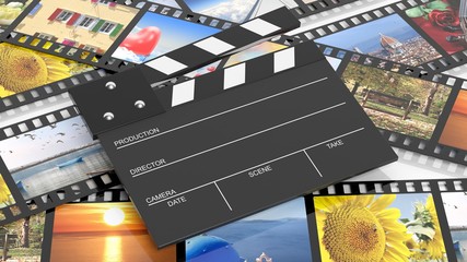 Clapperboard on filmstrips with pictures as background