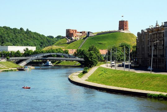 Vilnius city Neris river and Gediminas castle view
