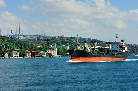 Cargo container ship anchored in harbor