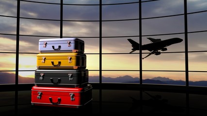 Stack of suitcases beside airpot window with sunset and airplane in flight