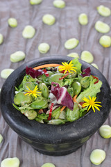 Closeup of broad beans, bacon and chili salad.
