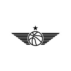 Basketball ball icon with wings and star, mockup black and white sport tournament emblem, team logo