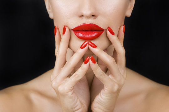 Beautiful Sexy Young Girl with Red Lips and Red Nail Polish, Bri