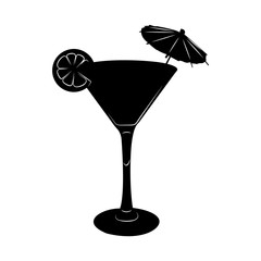 Martini cocktail glass illustration with umbrella and lemon slic