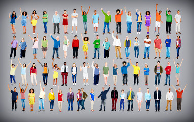 Multiethnic Casual People Togetherness Celebration Arms Raised C