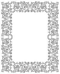 Floral frame in medieval style. Ornament of interwoven stems, foliage and flowers. Vector edging, design element and page decoration