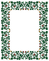 Floral frame in medieval style. Ornament of interwoven stems, foliage and flowers. Vector edging, design element and page decoration