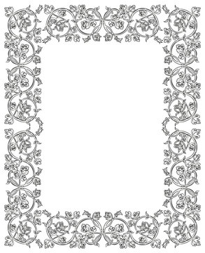 Floral frame in medieval style. Ornament of interwoven stems, foliage and flowers. Vector edging, design element and page decoration