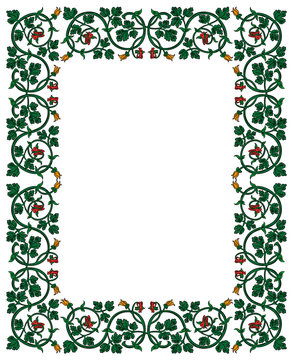 Floral frame in medieval style. Ornament of interwoven stems, foliage and flowers. Vector edging, design element and page decoration