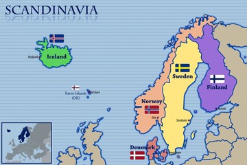 Fototapeta premium Location, Map and Flags of Scandinavia