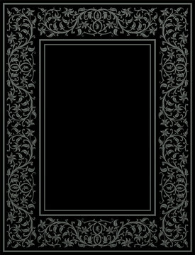 Floral frame in medieval style. Ornament of interwoven stems, foliage and flowers. Vector page decoration