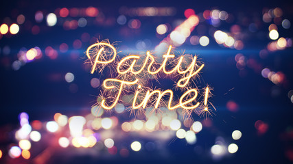 party time sparkler text and city bokeh lights - obrazy, fototapety, plakaty